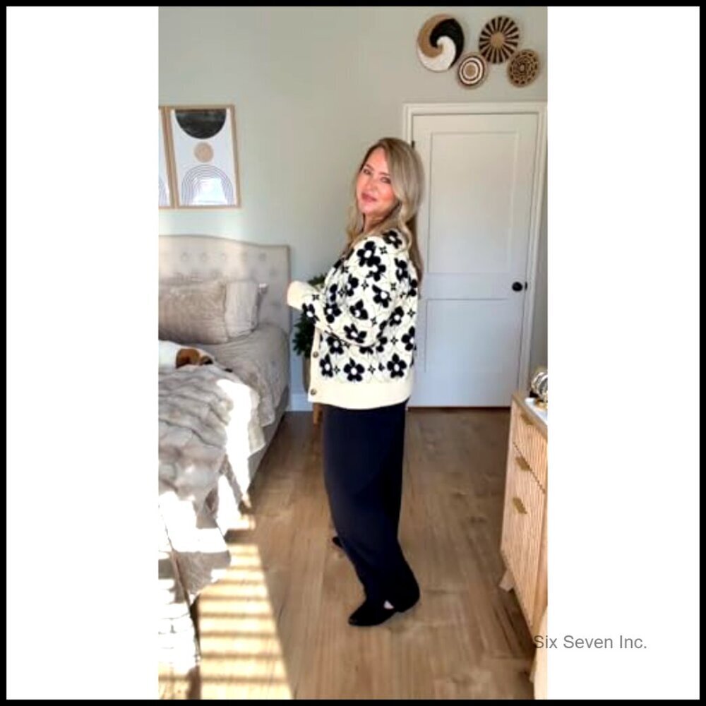 Floral Cardigan Sweater Long Sleeve Open Front Button Down Retro Knit Coat - Picture 4 of 7